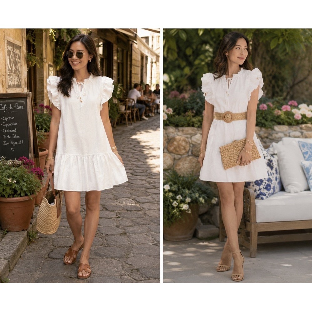Dokotoo White Ruffle Flutter Sleeve Cotton Dress Women's XL Tiered Hem Tie Neck